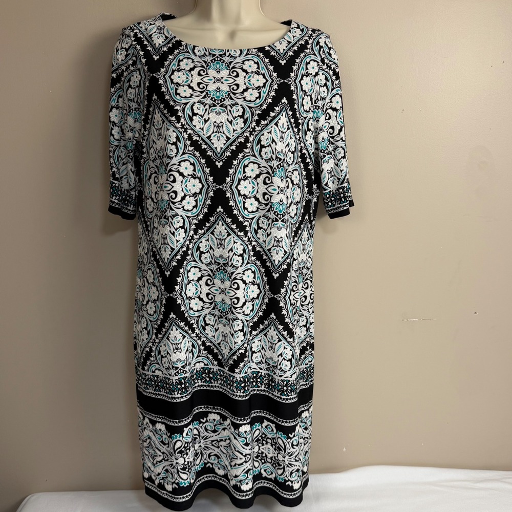 Studio One New York Black Teal Medallion Print Shift Dress Petite Small PS